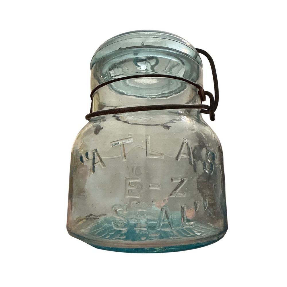Atlas Strong Shoulder Pint Mason Jar Aqua Glass Wire Bail Lid Vintage